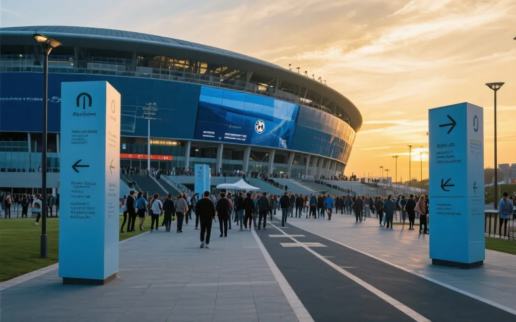 改造后的现代化球场外广场与人群步行动线示意